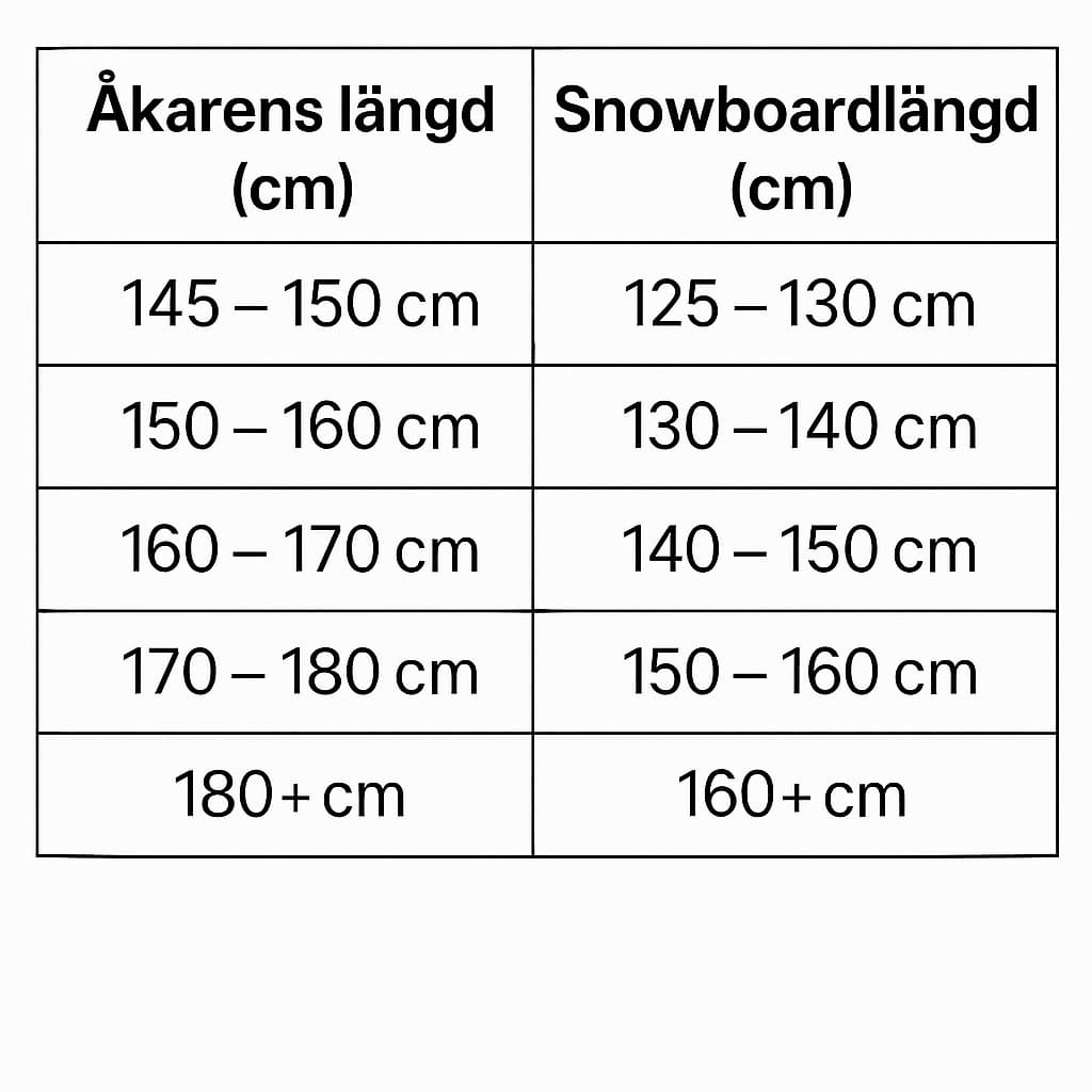 Tabell lngd p snowboard baserat p lngd