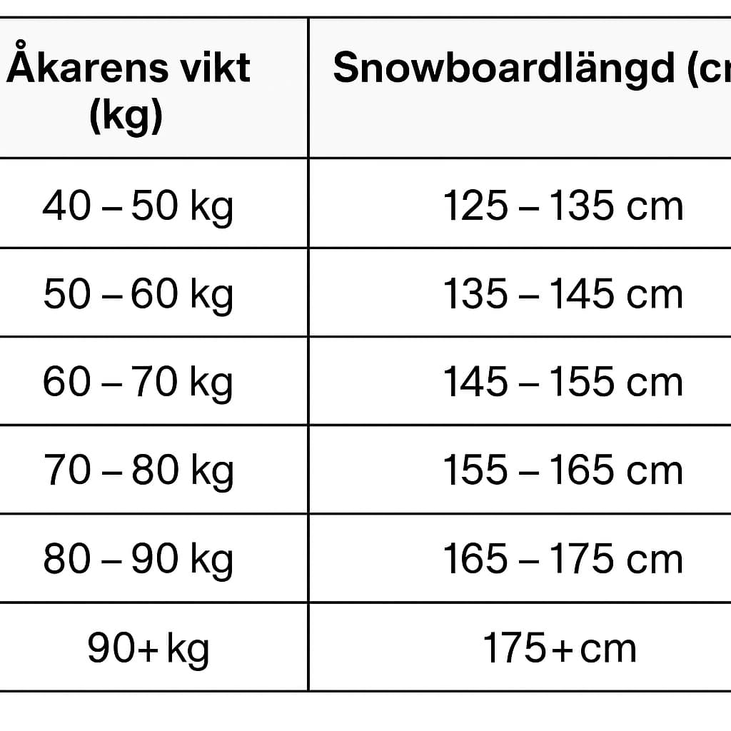 Tabell fr lngd p snowboard baserat p din lngd